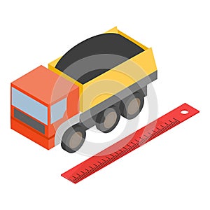 Coal transportation icon isometric vector. Dump truck with coal and red ruler