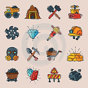 Coal vector mining engineering industry work business construction factory line mine icons illustration with moning