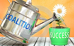 Coalition helps achieving success - pictured as word Coalition on a watering can to symbolize that Coalition makes success grow