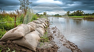 A close-up of stacked sandbags forming a flood barrier in an outdoor setting photo