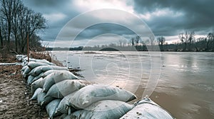 A close-up of stacked sandbags forming a flood barrier in an outdoor setting photo