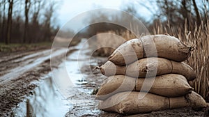 A close-up of stacked sandbags forming a flood barrier in an outdoor setting photo