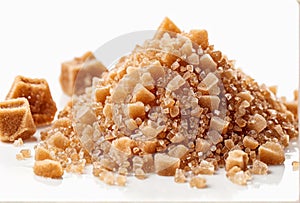 Coarse crystals of brown sugar on white background photo