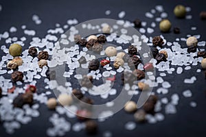 Coarse Sea Salt and Rainbow Peppercorns on natural stone