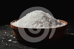 Coarse white salt in a wooden bowl on the black background