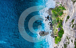 Coast as a background from top view. Turquoise water background from top view. Summer seascape from air. Bali island, Indonesia.