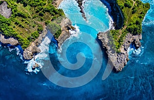 Coast as a background from top view. Turquoise water background from top view. Summer seascape from air. Bali island, Indonesia.