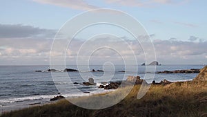 Coast of the atlantic ocean with rocks in the sea, waves,blue sky with clouds,grass in foreground, during sunset