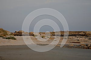 Coast in Bretagne Brittany with a sandy beach and cliffs