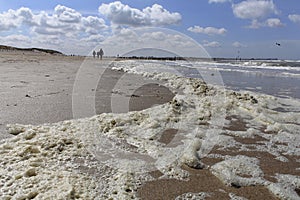 The coast in cadzand, holland, near knokke, belgium, with the sea, sea foam, the beach and the dunes