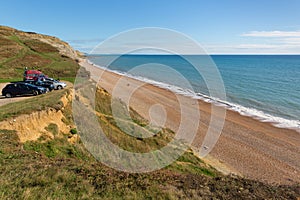 Coast car park overlooking beach Eype Dorset England uk Jurassic coast south of Bridport and near West Bay