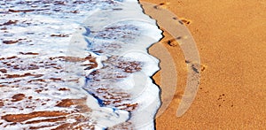 The coast, clear water with beautiful shallow waves and white foam, traces of bare human feet on sand