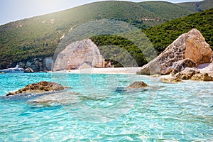 The coast at Fteri Beach on the island of Kefalonia, Greece photo