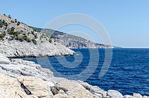 Coast of The Greek island Thassos. Blue aegean sea.