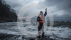 A Coast Guard member stands on the shore waving goodbye to his family as he embarks on a rescue mission. Despite the