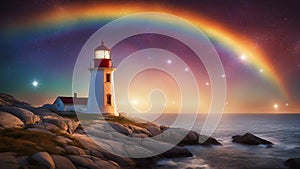 on the coast highly intricately detailed photograph o Peggy`s Cove Lighthouse inside a nebula surrounded by huge rainbow photo