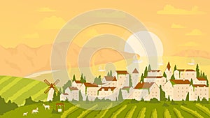 Coast landscape at sunset, coastal village scenery with farm houses and windmill, sea bay