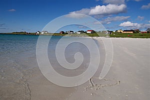 Coast of Norway sea in clouds of haze. Cloudy Nordic day on Lofoten islands