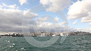 The coast of the old city of Istanbul. Galata Tower and Galata Bridge in one frame