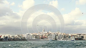 The coast of the old city of Istanbul. Galata Tower and Galata Bridge in one frame