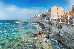 Coast of Ortigia island at city of Syracuse, Sicily, Italy