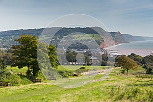 Coast Sidmouth Devon England uk with seats on coastal path