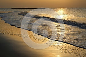 Coast, sunrise, sand, night, orange, summer, sun, twilight, clouds, sunshine, wave, beach, gold, beauty, sunset, bay, sky