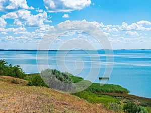 coast of the Taganrog Bay of the Azov Sea on a hot sunny summer day. Coastline with reeds and cloudy sky photo