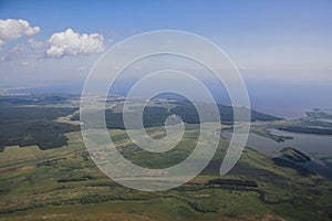 Coast to mouth of Kama River, view from plane. Kazan, Russia