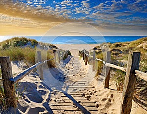 Coast wooden fence access sandy pathway beach