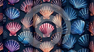 Coastal abstract background with seashell seamless patterns. Blue, pink and brown scallops, tropical bivalve mollusks