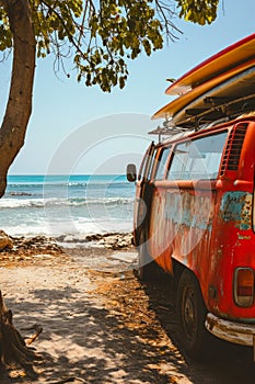 Coastal Adventure: Red Van and Surfboards.