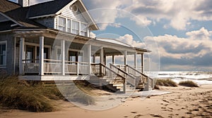 A coastal beach house with weathered shingles, a wraparound porch.