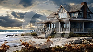 A coastal beach house with weathered shingles, a wraparound porch.