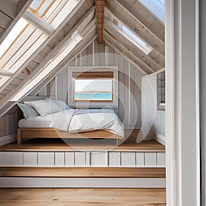A coastal beach hut-inspired bedroom with whitewashed wood paneling, seashell decor, and sandy hues2