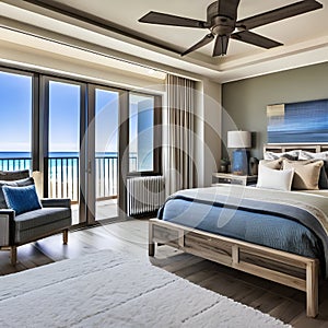 A coastal, beachfront bedroom with weathered wood furniture, nautical decor, and panoramic sea views1, Generative AI