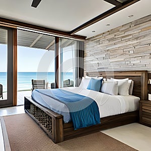 A coastal, beachfront bedroom with weathered wood furniture, nautical decor, and panoramic sea views2, Generative AI