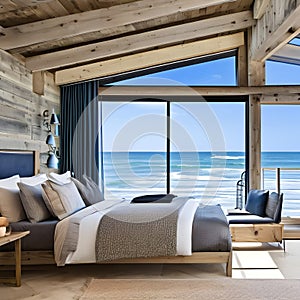 A coastal, beachfront bedroom with weathered wood furniture, nautical decor, and panoramic sea views3, Generative AI