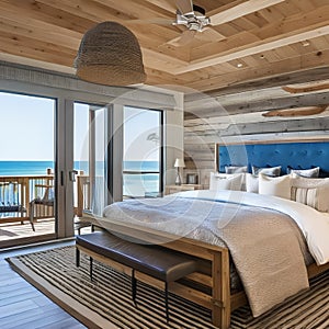 A coastal, beachfront bedroom with weathered wood furniture, nautical decor, and panoramic sea views3, Generative AI