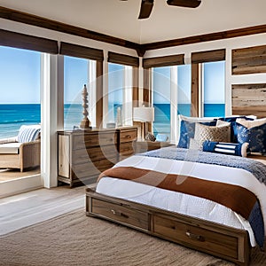 A coastal, beachfront bedroom with weathered wood furniture, nautical decor, and panoramic sea views4, Generative AI