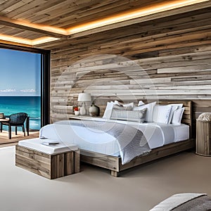 A coastal, beachfront bedroom with weathered wood furniture, nautical decor, and panoramic sea views5, Generative AI