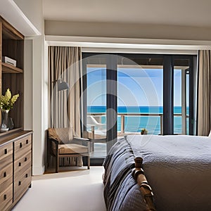A coastal, beachfront bedroom with weathered wood furniture, nautical decor, and panoramic sea views5, Generative AI