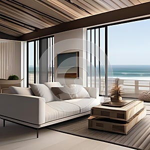 A coastal, beachfront living room with white-washed wood, panoramic windows, and beach-themed decor3