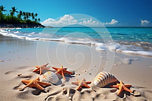 Coastal bliss Seashells and starfish embellish the idyllic tropical beach scene photo