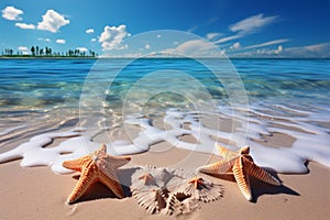 Coastal bliss Seashells and starfish embellish the idyllic tropical beach scene photo