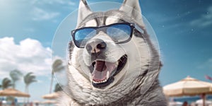 Coastal Canine Cute Huskie Dog with Funny Sunglasses Beach Joy. Generative AI