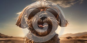 Coastal Canine Cute Shih Tzu Dog with Funny Sunglasses Beach Joy. Generative AI