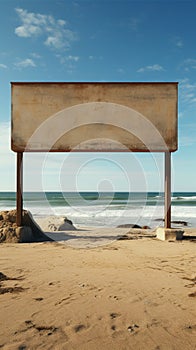 Coastal canvas Unoccupied billboard set against ocean panorama on sandy beach