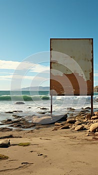 Coastal canvas Unoccupied billboard set against ocean panorama on sandy beach