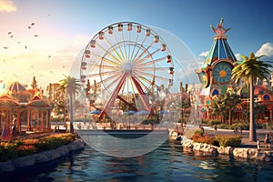 Coastal carnival with colorful Ferris wheel and. Generative ai